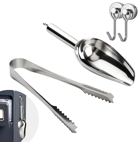 Stainless Steel Ice Scoops and Tongs Set with 2 Magnetic Hooks, Ice Scoop for Ice Maker Machine, Food Scoop Serving Tongs for Kitchen Bar Party