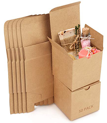 Belle Vous Brown Kraft Gift Boxes (50 Pack) - Box Measures 7.5 x 7.5 x 7.5cm (3 x 3 x 3 inches) - Easy Assemble Square Presentation Favour Present Box - Parties, Birthdays, Weddings, Holidays