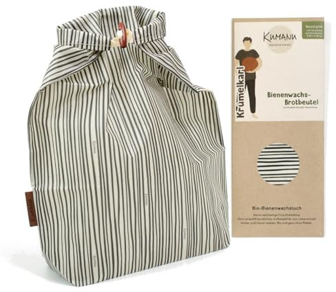 Kumanu | Bio-Bienenwachstuch - Brotbeutel KRÜMELKARL | H 35cm x B 29cm | mit Standboden und Verschluss |natürlich und plastikfrei frischhalten | handgemacht in Tirol (Streifen)