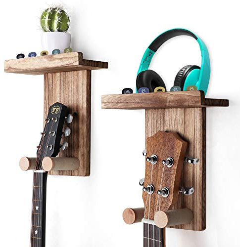 Keebofly Guitar Wall Mount Hanger with Shelf & Pick Holder - 2 Pack Guitar Holder Wall Hook for Acoustic, Electric, Bass Guitars, Ukulele (Screw-Mounted, Brown) [Patented]