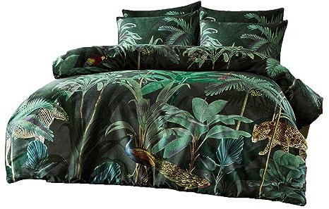 Paoletti Siona Duvet Cover Set – Wild Animals Luxe Cotton Bedding (Midnight Green – King)