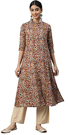 Vbuyz Dam bomull blommigt tryck A-linje sydd kurta (VF-KU-2043-2045_Beige)