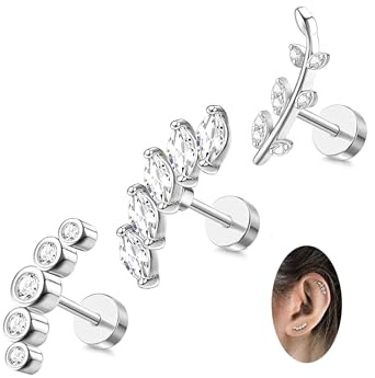 JeryWe 3pcs 16G acciaio inox cartilagine CZ orecchini per le donne elica Shell Daith Piercing gioielli Set B