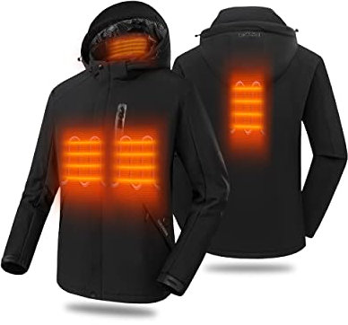 HEWINZE Chaqueta Calefactable Hombre con paquete de batería de 7.4V,Chaqueta Softshell con Capucha para Hombre,Abrigos Impermeables para Trabajo al Aire Libre Esquí Montar Motocicleta.