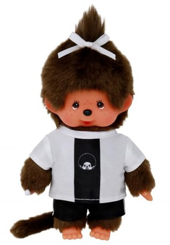 Mädchen im Fußball-Trikot | 20 cm Monchhichi Puppe mit einem Zöpfchen