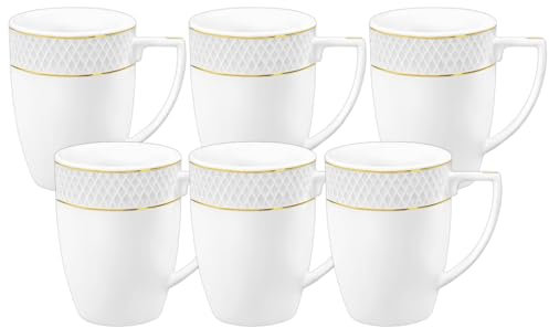 Wilmax - Lot de 6 tasses à thé et à café - 320 ml - Tasse à café en porcelaine avec motif doré - Lot de tasses - pour thé, cappuccino - porcelaine - Blanc