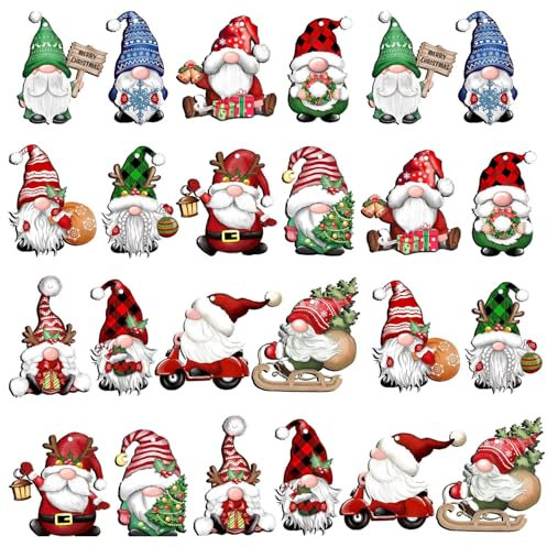 Rumyve 24pcs Vintage Santa Claus Wood Hanging Signs Pendant,Christmas Tree Gnome Hanging Decorations,Mini Santa Doll Craft Xmas Tree Decor Party Supplies(Style A)