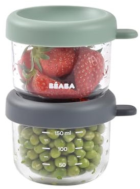 BÉABA, Lot 2 Portions Verre Conservation Repas Bébé/Verre Résistant, 100% Hermétique, Résiste Chaleur Froid, Congélation, Stérilisation, Graduation, 150 ml, Vert Sauge/Minéral