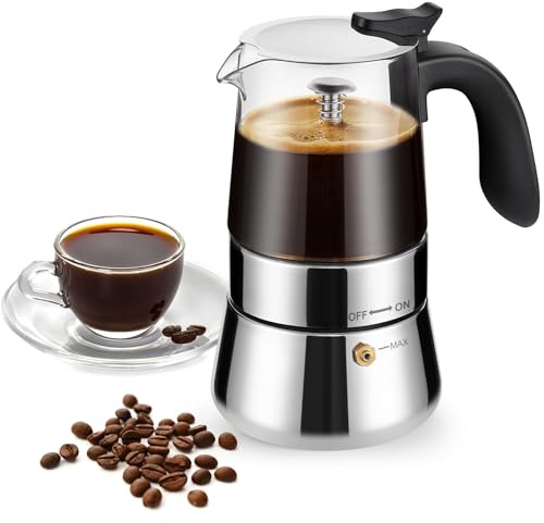 COPOTEA Moka Pot, tragbarer Espressokocher für Herd, Borosilikatglas und Edelstahl, Perkolator, Kaffeemaschine, 6 Tassen (240 ml)
