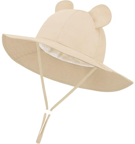 DRESHOW Gorro de Sol para Bebé Gorro Bebe Verano con Orejas de Oso Gorros Proteccion Solar UV Bebe Niño Niña Gorra Playa con Correa Ajustable para la Barbilla UPF 50+