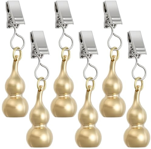 PLIGREAT 6 Pcs Pure Copper Solid Gourd Heavy Tablecloth Weights, Gold Gourd with Metal Tablecloth Clips Table Cover Weights for Outdoor Table, Curtains, Flag, Dinner Party