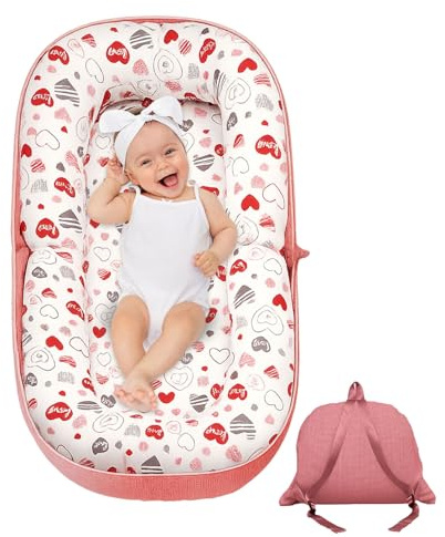 The FlexiNest Baby Nest Pod for Newborns – Foldable Baby Lounger Converts into Backpack, Portable Travel Essential for Infants 0-12 Months, Baby Gifts & Essentials for Boys and Girls (Pink)