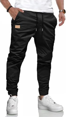 KUNJLELP Pantalones Casual Hombre Pantalón de Cargo Algodón Largos Elásticos Jogging Pants con Bolsillos,Negro,L
