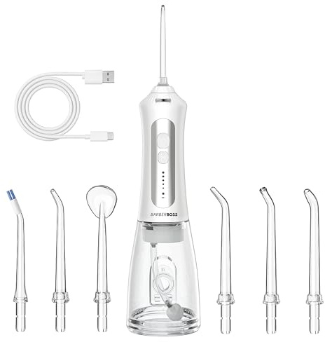 Barberboss Portable Teeth Water Flosser, Rechargeable Oral Irrigator, Teeth Flossing Kit with 5 Pressure Settings, 5 Interchangeable Nozzles, 300ML Water Tank & Travel-Friendly Design