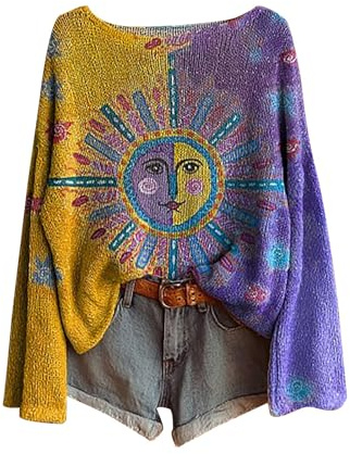 Pull Femme Grande Taille Vintage Imprimé Floral Bohème Pullover Tricoté Élégant Col Rond Manche Longue Sweater À Motif Tunique Oversize Pas Cher Vetement Femme Surdimensionné