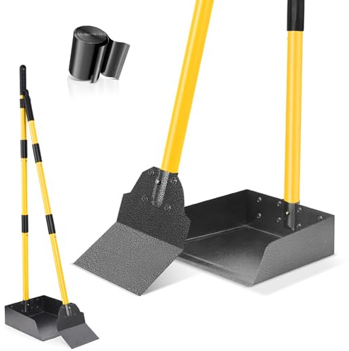 CJYMMFAN Kit de pala y bandeja para excrementos de perro, pala para excrementos de perro con mango largo de metal ajustable, parte superior portátil con 10 bolsas de basura para patio, césped y jardín