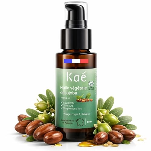 KAÉ Huile de Jojoba Bio 100% Pure - Vierge & Première Pression à Froid – Visage, Corps & Cheveux – Équilibrante Peaux Mixtes à Grasses – Soin Cheveux Secs et Fragilisés – 50ml