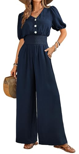 QUNERY Salopette Donna Estiva Maniche Corte Scollo a V Elegante Tuta Lang Tutina Jumpsuit Gamba Allentata Con Tasche Pagliaccetto Spiaggia Vacanza Outfit Blu Scuro L