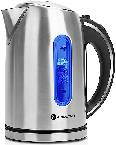 Aigostar King - Electric Kettle Stainless Steel, 1.7 Liter Cordless Tea Kettle, 1100W Hot Water Kettle with Auto Shut-Off, BPA-Free