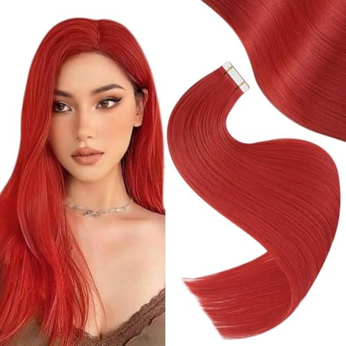 Easyouth Extensions Echthaar Tape Rot Extensions Tape in Echthaar 40 cm 25g Invisible Tape Haarverlängerungen Extension für Frauen #Red 10pcs