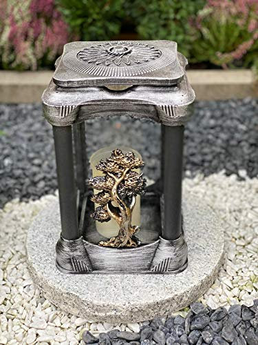 Lampe funéraire avec socle en granit fait à la main - Motif arbre - Bougie funéraire - Décoration funéraire - Lampe de jardin avec bougie funéraire