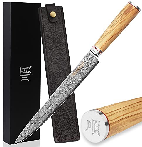 YOUSUNLONG Couteau à filet de poisson Sashimi Couteau à découper 25,40 cm (10 pouces) Acier damassé japonais de haute qualité - Bois d'olivier italien avec étui en cuir