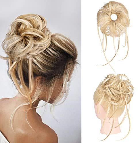 HOOJIH Messy Bun Hair Piece, Super Long Tousled Updo Hair Bun Extensions Wavy Hair Wrap Ponytail Hairpieces Scrunchies with Elastic Hair Band for Women HB007 Grace - Blonde Mixed