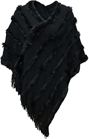 JFAN Poncho Fuzzy V-Neck Shawl Knitted Lightweight Capes for Women Black