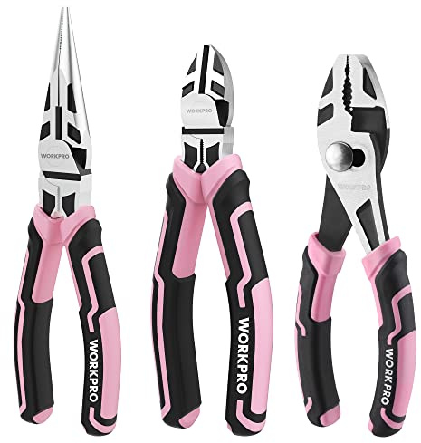 WORKPRO 3-Piece Pliers Set, Pink Tool Set Including Needle Nose & Diagonal Cutting & Slip Joint Pliers for Plumbing, Automotive and General Applications - Pink Ribbon