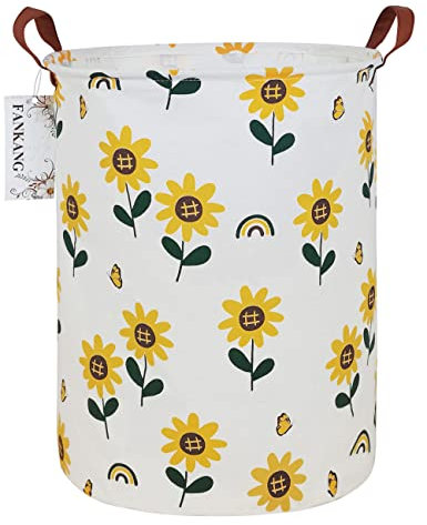 FANKANG Laundry Hamper Storage Bins Nursery Hamper Canvas Foldable with Waterproof PE Coating Large Storage Baskets for Kids Toys Room, Nursery, Home,Gift Basket(Round Sunflower)