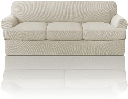 PrinceDeco T Cushion Sofa Slipcover 4 Pieces Sofa Covers for T Cushion Couch Soft Sofa Slip Covers Furniture Protector with 3 Individual T Shape Seat Covers (70-88), Island Fossi