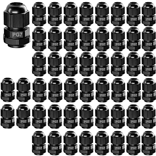 GUUZI 52st PG7 Kabelgenomföring, IP68 Vattentät Plast justerbar 3,5-6 mm Kabelförskruvningar skarvar med Packningar (Svart)