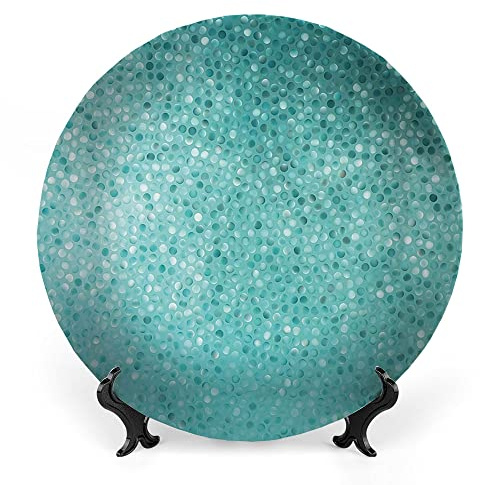 LIGUTARS Decorative Plates, Turquoise Decor Print Ornament, Small Dot Mosaic Tiles Shape Simple, 10 Inch, 1 Plate with 1 Display Stand, Turquoise