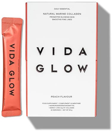 Vida Glow - Sobres de colágeno marino hidrolizado natural | Promueve una piel brillante + suaviza las líneas finas (melocotón, 30 sobres)
