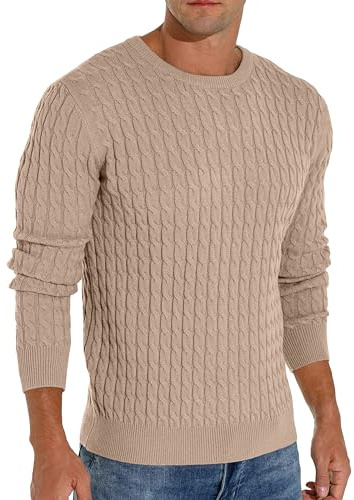 Hisir Pull Câble Tricot Homme Hiver Noel Décontracté Col Rond Chaud Manches Longues Camionneur Pulls Top pour Hommes (Kaki, L)