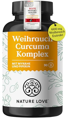 NATURE LOVE® Weihrauch Kurkuma Kapseln - 90 Stück - 600mg Weihrauch Extrakt davon 360mg Boswellia mit Myrrhe Vitamin C - hochdosiert & vegan - laborgeprüft und hoch bioverfügbar