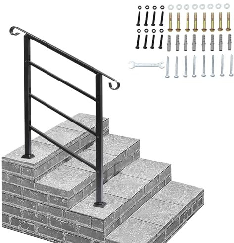 Adjustable Outdoor Handrails for Stairs - Wrought Iron Railings Handrails for Outdoor Steps, Black Hand Rails Stairs for Garden Exterior Staircases, Easy Install Staircase Handrails (1 to 3 Steps,B)