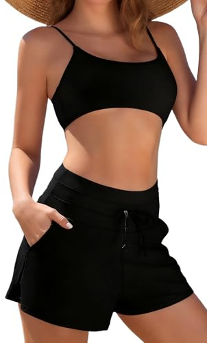 SHEKINI Costume da Bagno da Donna con Pantaloncini 2 Pezzi Costumi da Bagno Bikini Top Vita Alta Pancia Controllo Pantaloni, Nero, S