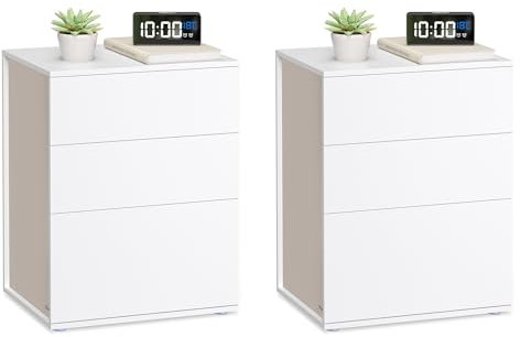 VASAGLE Nachttisch 2er Set, Toolless-Technologie, superschnelle werkzeuglose Montage, Beistelltisch 3 Schubladen, Nachtschrank, Schlafzimmer, Wohnzimmer, mattweiß-cappuccinobeige LET779W01