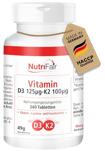 Vitamin D3 + K2-240 Tabletten - MK-7 & 5000 IE Vitamin D3 - Hochdosiert - 100% Vegan – Deutsche Produktion & Laborprüfung - NutriFair | Premium & Fair