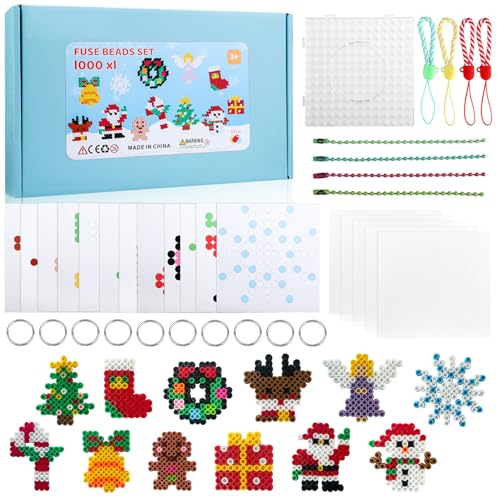 Set di perline natalizie da stirare, 1000 pezzi da 10 mm con pannello forato, 12 modelli, carta da stirare, lavoretti natalizi creativi fai da te per bambini, regalo di Natale
