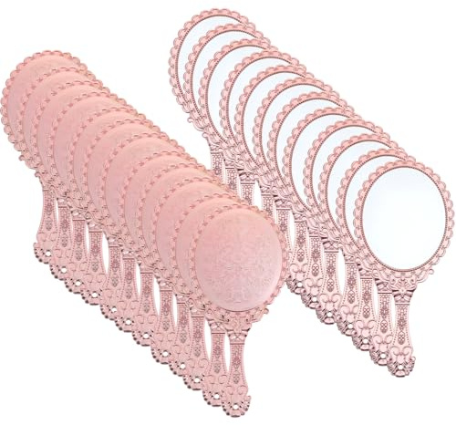 Neyauo 12 Pcs Vintage Handheld Mirror 9.6 L x 4.5 W Portable Pink Embossed Flower Mirrors Princess Mirror Party Favors Retro Hand Held Decorative Mirrors Bulk for Makeup, Travel, Party, Classroom