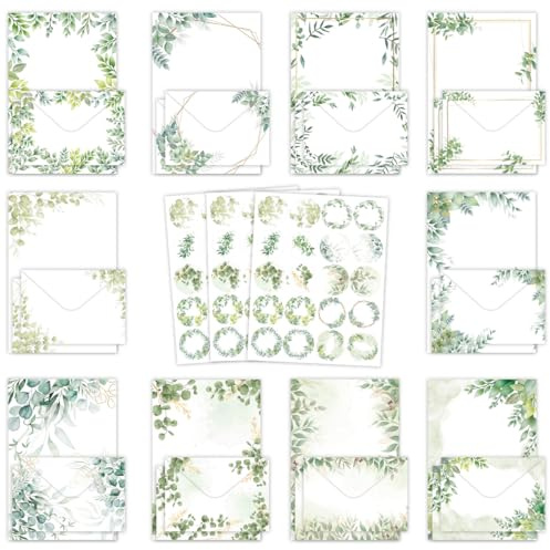 Morices A5 Writing Stationery Paper and Envelopes Set, 50 Sheets 10 Styles Eucalyptus Leaves Border Letter Paper 50pcs Gift Envelopes 60pcs Seal Stickers for Party Invitations Poem Business Festival