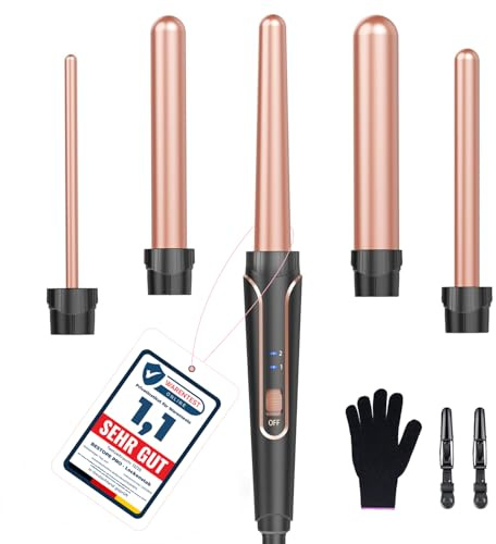 Ensemble de fer à friser 5 en 1 - Fer à friser ondulé - Convient à tous les types de cheveux, matériau en céramique, chauffage rapide, deux réglages de température, comprend des gants et 2 pinces à ch