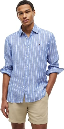Tommy Hilfiger Camicia da Uomo in Lino Testurizzato STP RF MW0MW43312 L/S, Blu (Blu Regale/Strisce), M