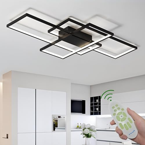 AzoeieiK Plafonnier LED, Luminaire Plafonnier 45W 80CM, Lampe de Plafond Moderne Noir pour Salon Chambre Cuisine sine Salle à Manger, 3000K-6000K Avec Variateur Télécommandé (Noir, 80CM)