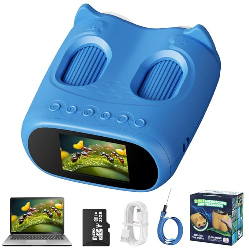 Cheffery 2 in 1 Microscopio Bambini e Telescopio, Microscopio Digitale Bambini con Scheda 32GB, 1000X Microscopio Portatile con Schermo IPS da 2,0 Pollici e 8 Luci LED, Regalo per Bambini dai 3 Anni