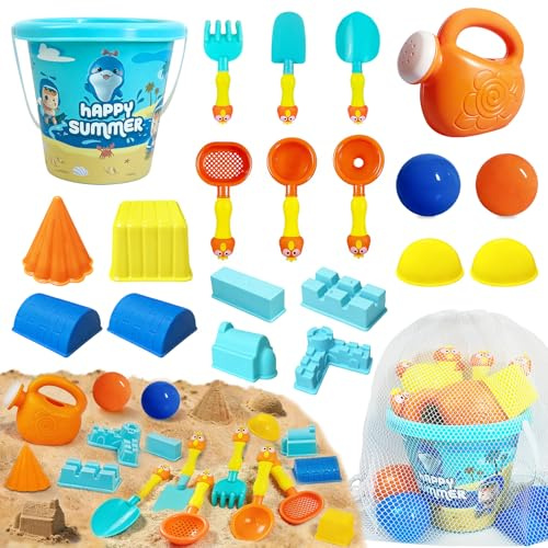 Giochi da Spiaggia per Bambini, 20Pezzi Accessori per Sabbiera con Secchiello e Paletta, Annaffiatoio, Formine Spiaggia e Borsa Rete, Giochi di Sabbia Estivi da Viaggio per Bambini Bambine