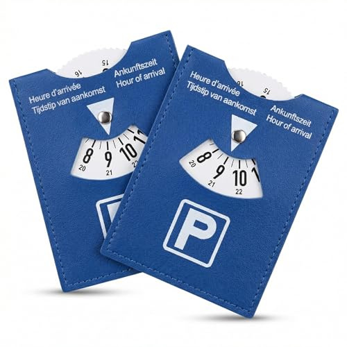 LifgWas 2 dischi da parcheggio in similpelle PU, blu, maxi dischi da parcheggio, 11 x 15 cm, per zona parcheggio blu, norma europea con indicazione dell'orario di arrivo, superficie morbida