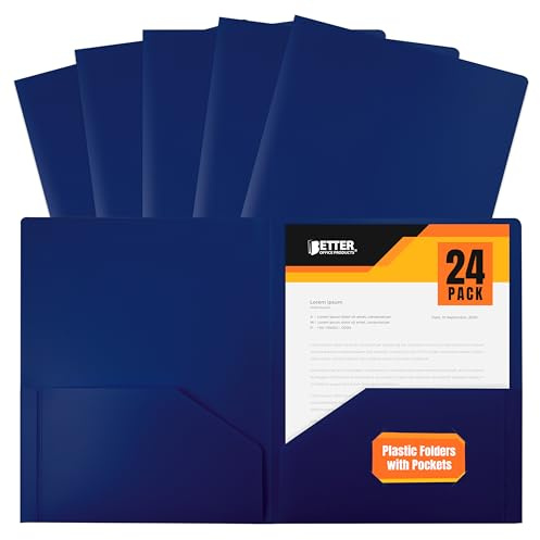 Better Office Products Heavyweight Plastic 2 Pocket Portfolio Folder, Letter Size Poly Folders 24 Pack (Blue)